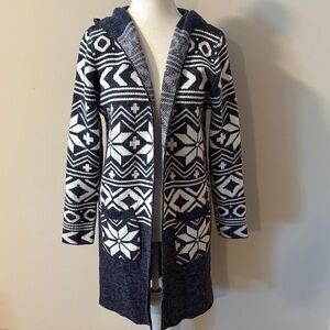 Monteau Blue and White Patterned Hooded Open Women's Cardigan Sweater. Sz Small